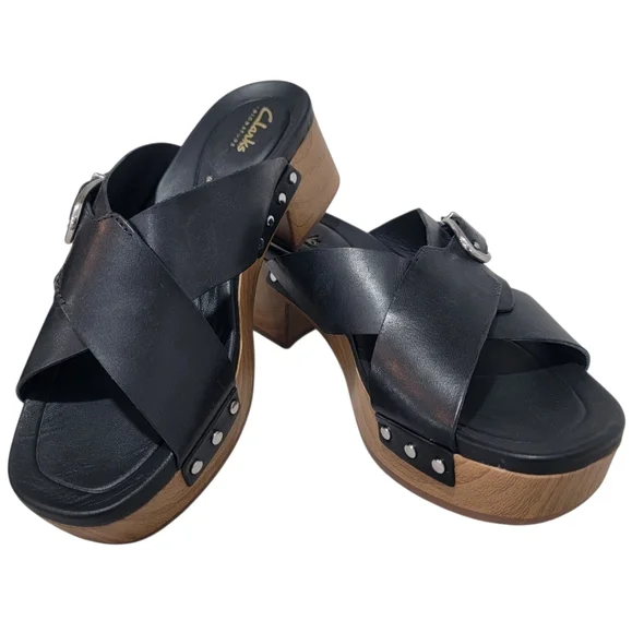 Clarks Sivanne Walk Wedge Sandal Black Leather Slip On Clog Slide Women’s 8.5 - Picture 3 of 17